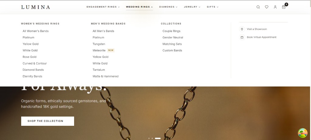 Lumina — header with Wedding Rings mega menu, columns and hero
