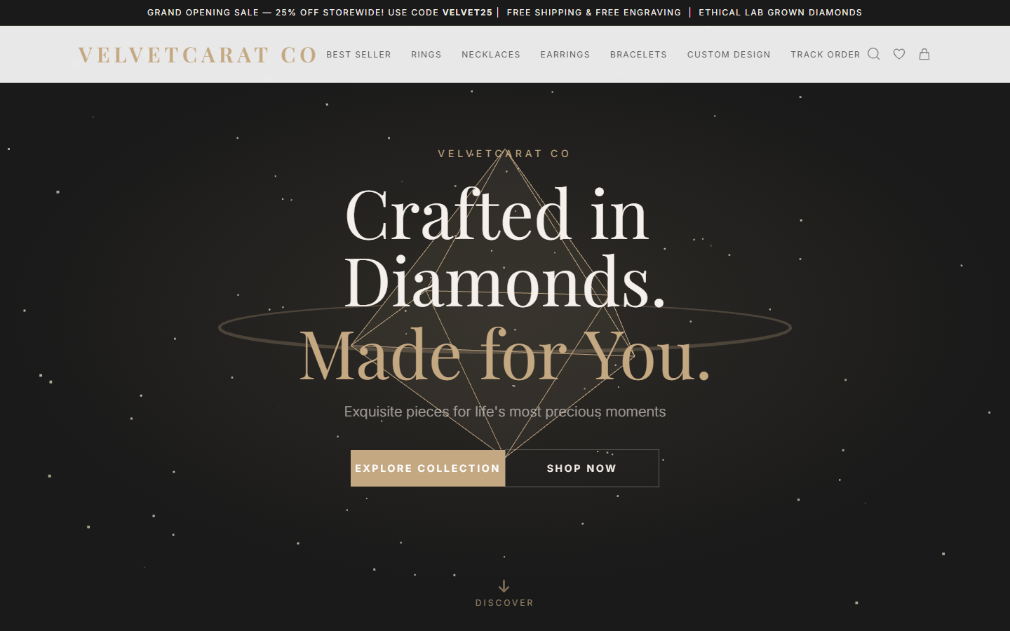 VelvetCarat Co — homepage hero and navigation