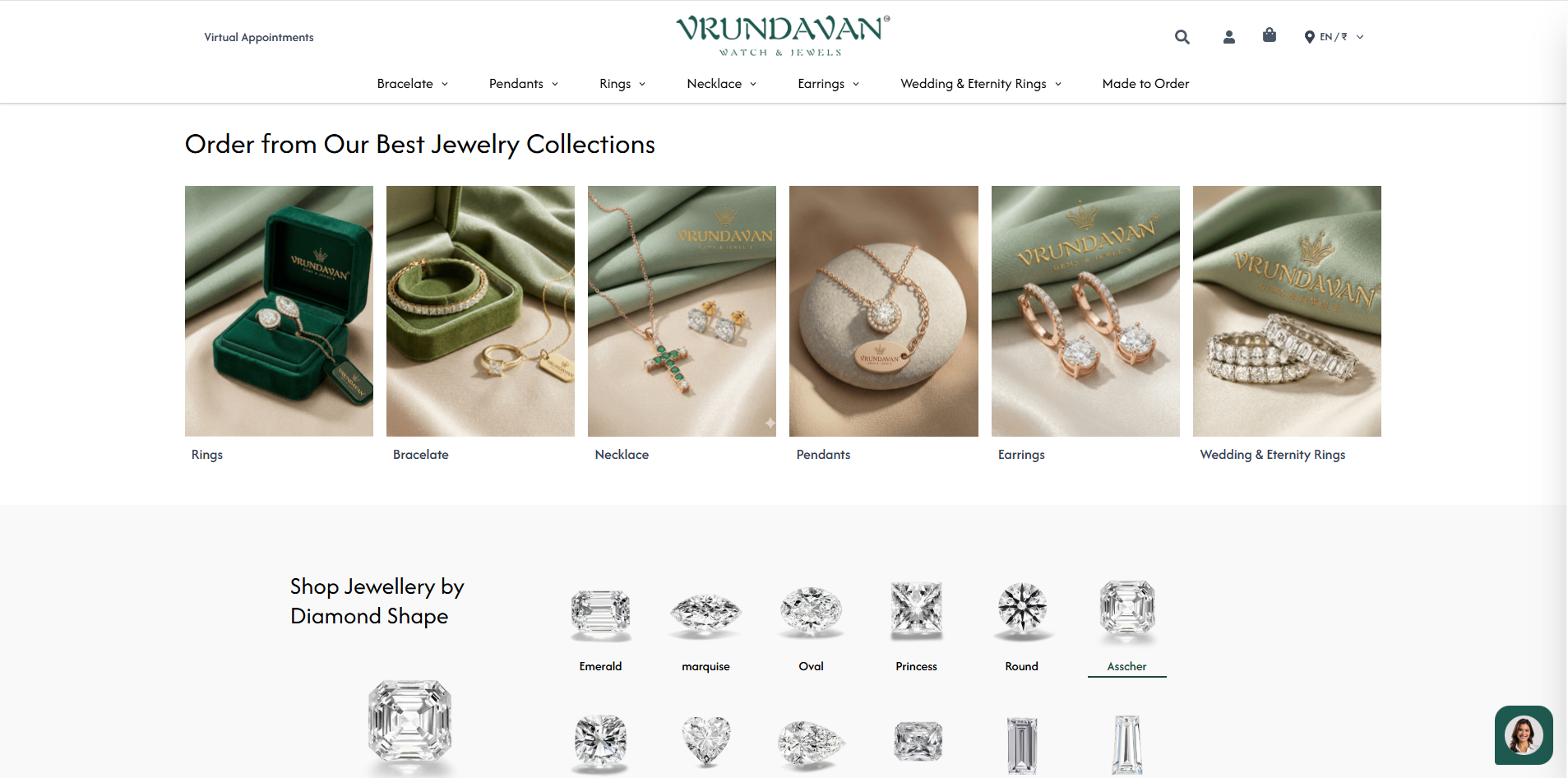 Vrundavan Jewels — homepage with jewelry collections grid and Shop by Diamond Shape