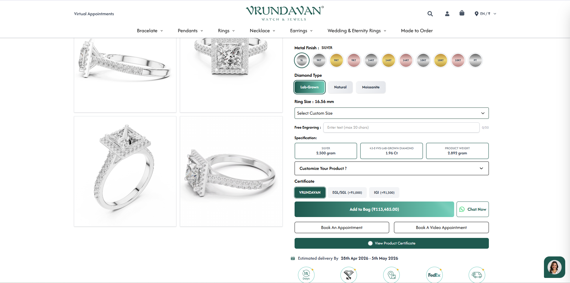 Vrundavan Jewels — product page with metal finish, diamond type, ring size, and appointment booking